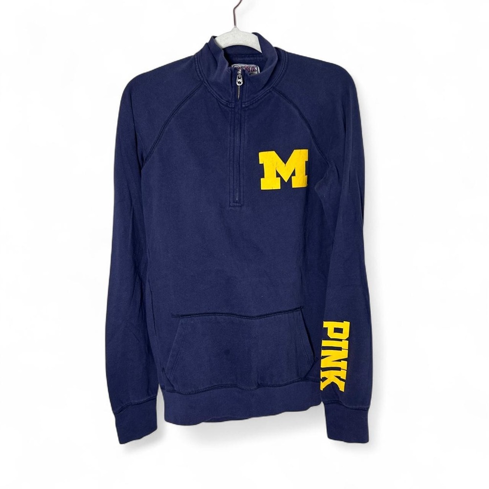 Victoria Secret Pink 5th‎ Ocean Michigan Wolverines Quarter Zip Sweater Small